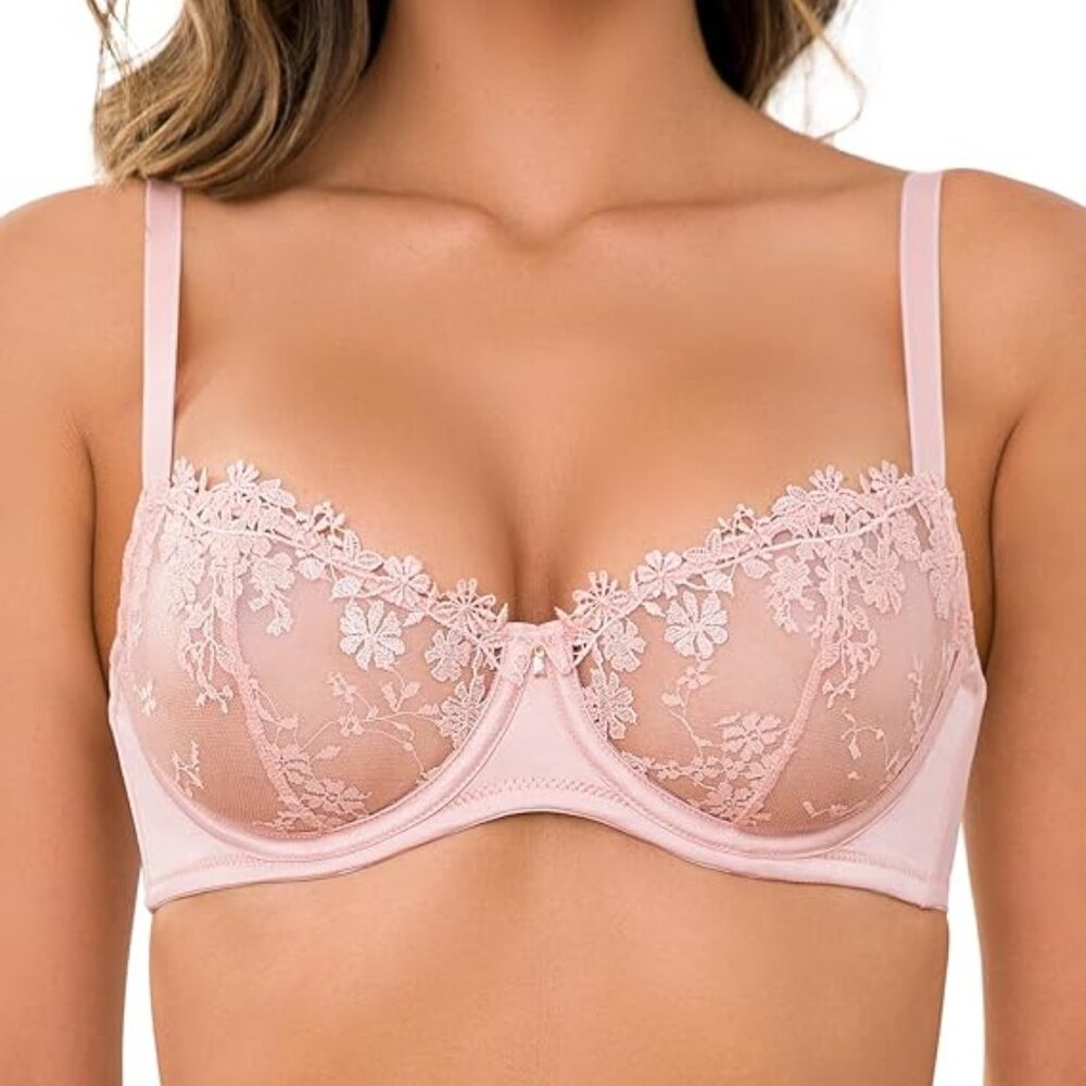 Wingslove Women's Sexy Lace Bra Demi Sheer Mesh Balconette Bralette 36C